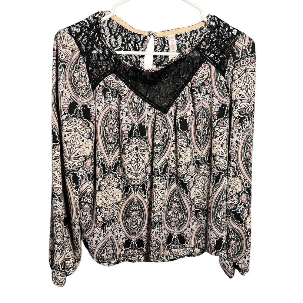 Xhilaration Women's S/P Paisley Lace Yoke Blouse Top Long Sleeve Black Pink Boho